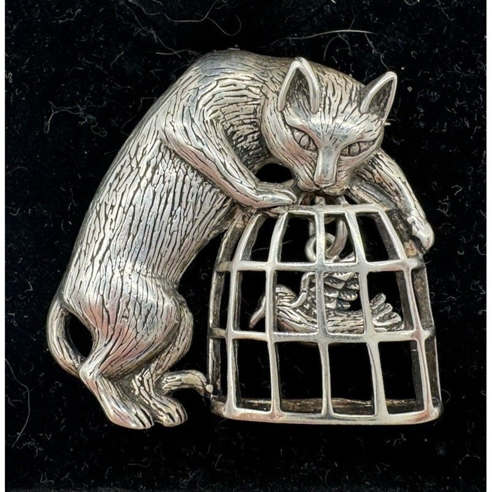 Vintage Jezlaine 925 Sterling Silver Cat on Birdcage Brooch Bird Swings Signed